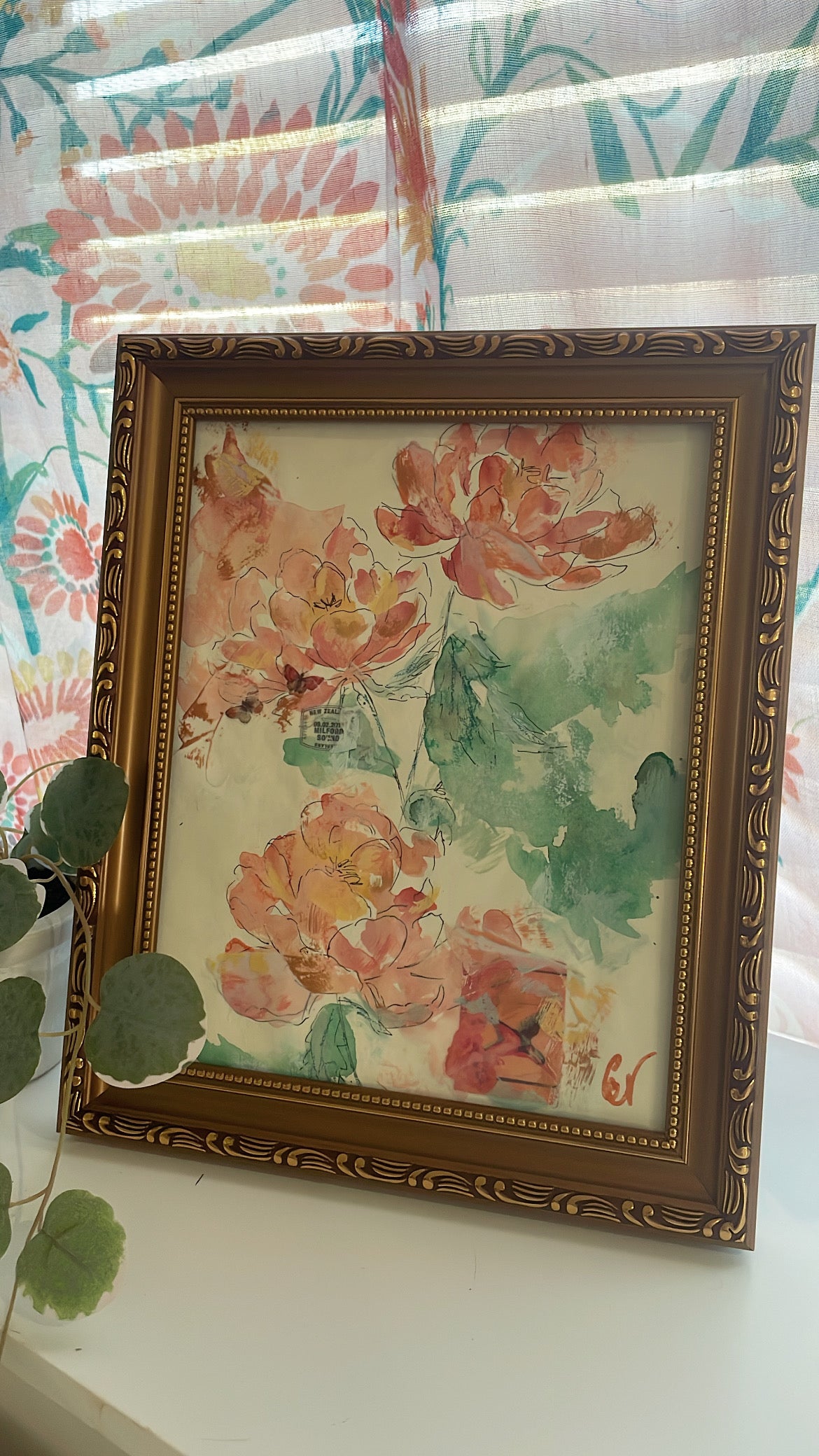 Spring Blooms Peonies Framed Watercolor Sketch